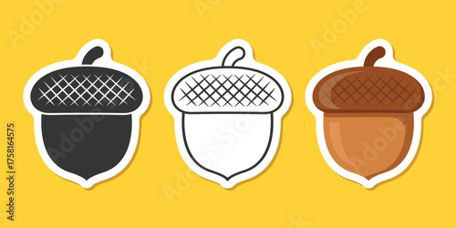 Acorn sticker icon set in flat style. Oak nut vector illustration on isolated background. Nature sign business concept.