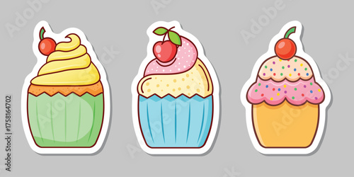 Sweet dessert sticker icon set in flat style. Cupcake vector illustration on isolated background. Muffin sign business concept.