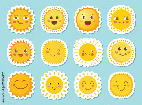 Funny sun with face sticker icon set in flat style. Summer sunshine emoji vector illustration on isolated background. Smiling sun sign business concept.