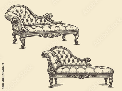 vintage chaise lounge engraving classic furniture vector illustration