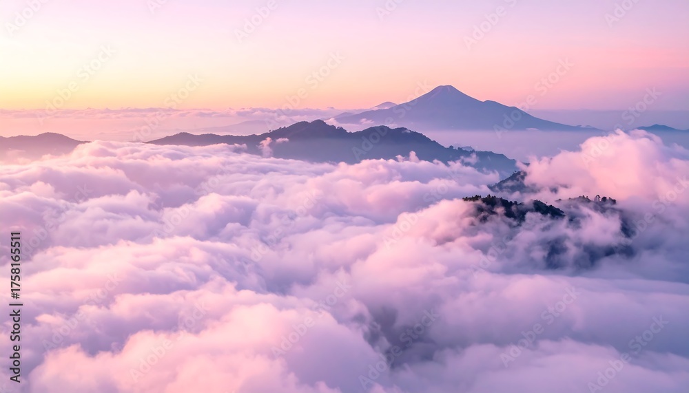 Fototapeta premium Vivid sunrise illuminates cloud-filled valleys and distant mountain peaks
