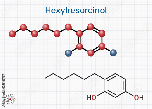 Hexylresorcinol molecule. Antiseptic lozenges and oral pain relief, local anesthetic, cosmeceutical active. Sheet of paper in a cage. Molecular model. Vector Illustration