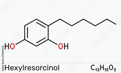Hexylresorcinol molecule. Antiseptic lozenges and oral pain relief, local anesthetic, cosmeceutical active. Vector illustration