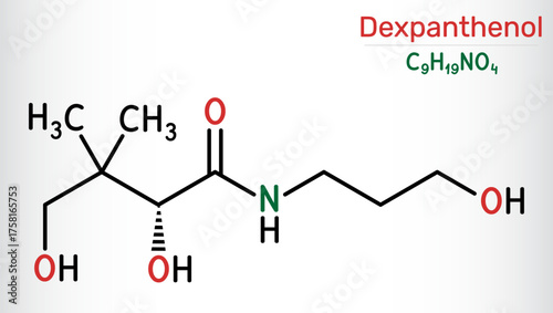 Dexpanthenol molecule. Provitamin B5 for skincare moisturizing and barrier repair, nasal spray and ophthalmic uses, cosmetic and pharmaceutical ingredient. Vector illustration
