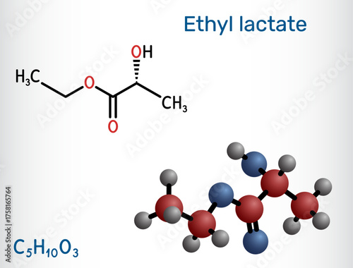 Ethyl lactate molecule. Green biodegradable solvent for coatings, inks, resins, cleaning and electronics, food flavor and extraction applications. Vector illustration