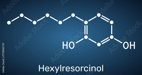 Hexylresorcinol molecule. Antiseptic lozenges and oral pain relief, local anesthetic, cosmeceutical active. Dark blue background. Vector illustration