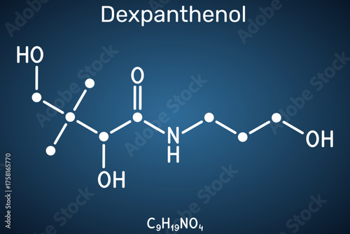 Dexpanthenol molecule. Provitamin B5 for skincare moisturizing and barrier repair, nasal spray and ophthalmic uses, cosmetic and pharmaceutical ingredient. Dark blue background. Vector illustration