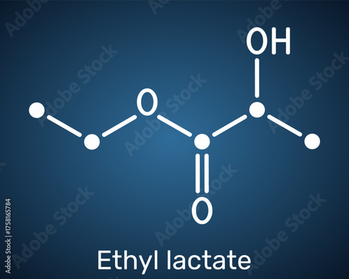 Ethyl lactate molecule. Green biodegradable solvent for coatings, inks, resins, cleaning and electronics, food flavor and extraction applications. Dark blue background. Vector illustration