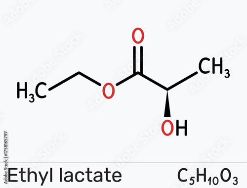 Ethyl lactate molecule. Green biodegradable solvent for coatings, inks, resins, cleaning and electronics, food flavor and extraction applications. Vector illustration