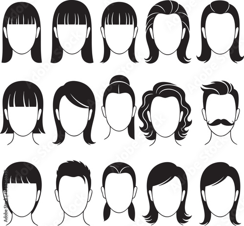 Collection of black and white vector hairstyles for men and women Set of faceless head icons with various haircuts and styles.