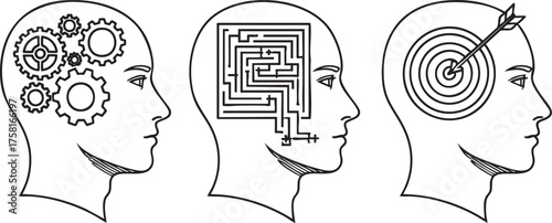 Conceptual illustration of human thought processes with gears a maze and a target.