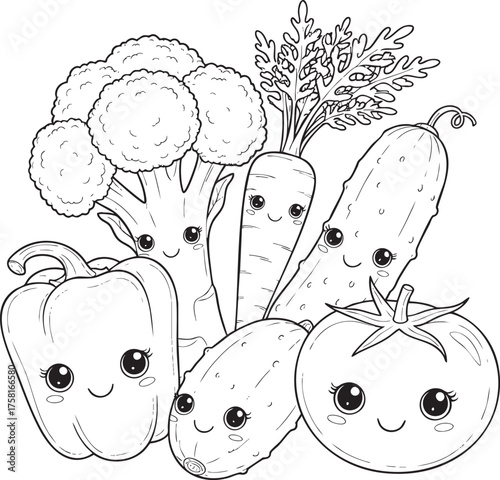 Cute kawaii vegetable characters with happy faces in a black and white line art coloring page.