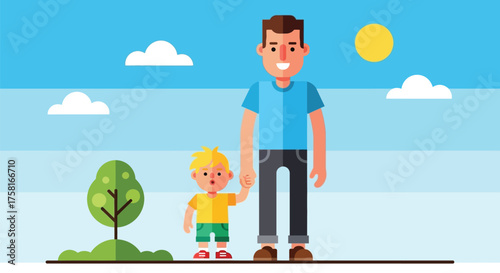 Cartoon illustration of father and son holding hands in a park scene