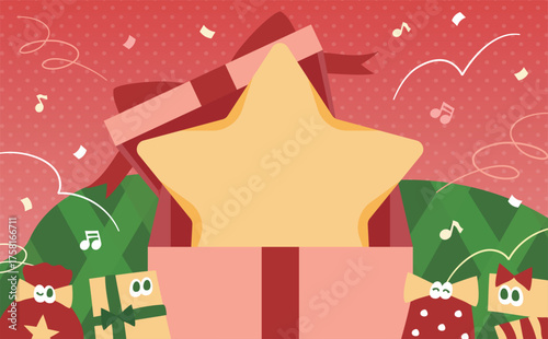 クリスマスプレゼントや誕生日のプレゼントボックスをイメージしたポップなギフトカードデザイン:箱から飛び出る星。子供のお祝いなどに最適
