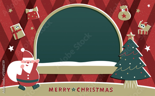 クリスマスのイベントや催しにぴったりなベクター背景フレーム:プレゼント配りにきたサンタクロースやかわいいプレゼントのイラストをあしらった枠素材