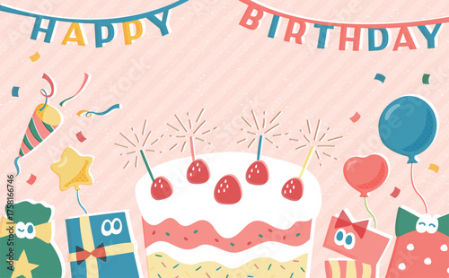 かわいいカラフルな誕生日の背景フレーム:カードやバナーなどに最適、誕生日ケーキ、こども、ポップなイメージのプレゼントイラストなど