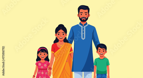 Cheerful Indian Family Illustration with Bright Colors and Traditional Dress