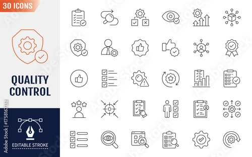 Quality Control Icon set. Containing icons. Testing, inspection, evaluation, and more. Vector illustration