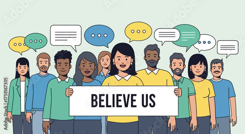 Diverse group of people advocating with speech bubbles and a banner