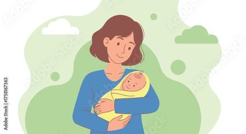 Illustrative depiction of a caring mother embracing her newborn baby