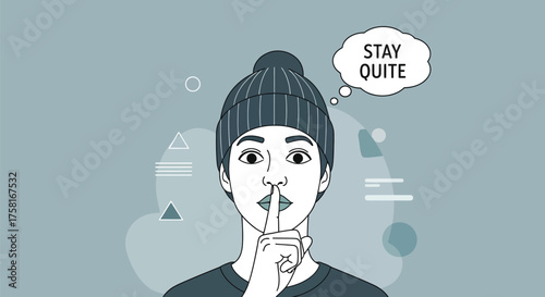 Minimalist illustration of a person signaling silence with thought bubble