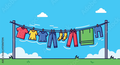 Cartoon vector of clothes hanging on the clothesline against blue sky