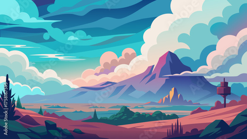 Stylized futuristic landscape with mountains and clouds in vibrant colors vector illustration Modern car vector illustration Flat car icon Urban vehicle vector