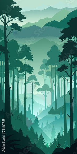 Misty Forest Landscape with Silhouetted Trees and Layered Mountains Keywords: forest, nature, landscape, trees, mountains, mist, fog, Modern car vector illustration Flat car icon Urban vehicle vector