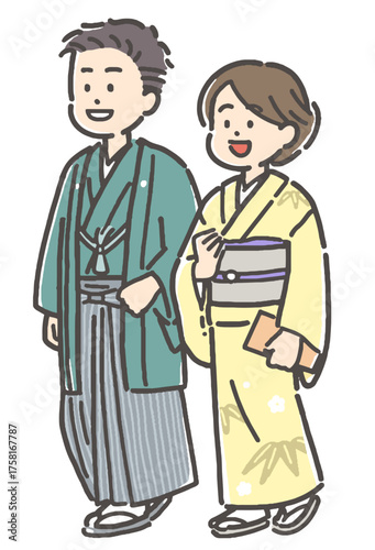 紋付袴と訪問着の着物を着た若い男女カップル