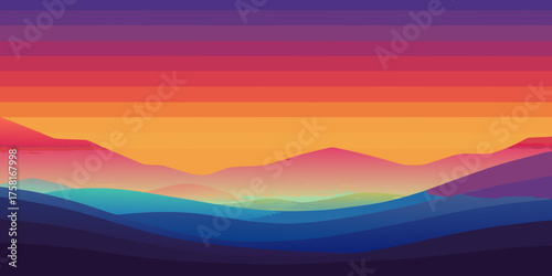 Stylized abstract landscape with layered rolling hills and mountains under a vibrant gradient sunset sky Modern car vector illustration Flat car icon Urban vehicle vector