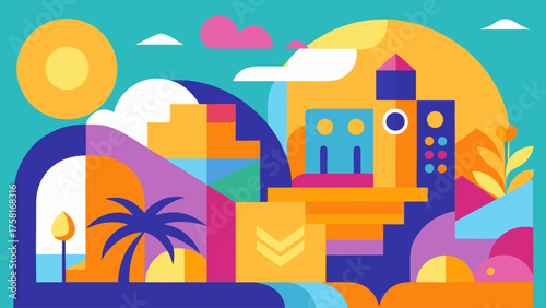 Vibrant Abstract Geometric Cityscape with Palm Tree and Sun colorful Modern car vector illustration Flat car icon Urban vehicle vector