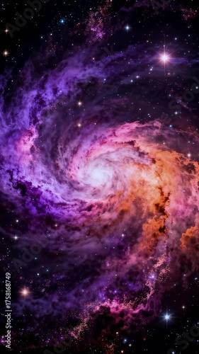 Vertical screen. Spiral galaxy filled with vibrant cosmic colors, glowing stars and nebula clouds. Cosmic exploration of universe. Astronomy, sci-fi or spiritual visuals. Galaxy rotates in space