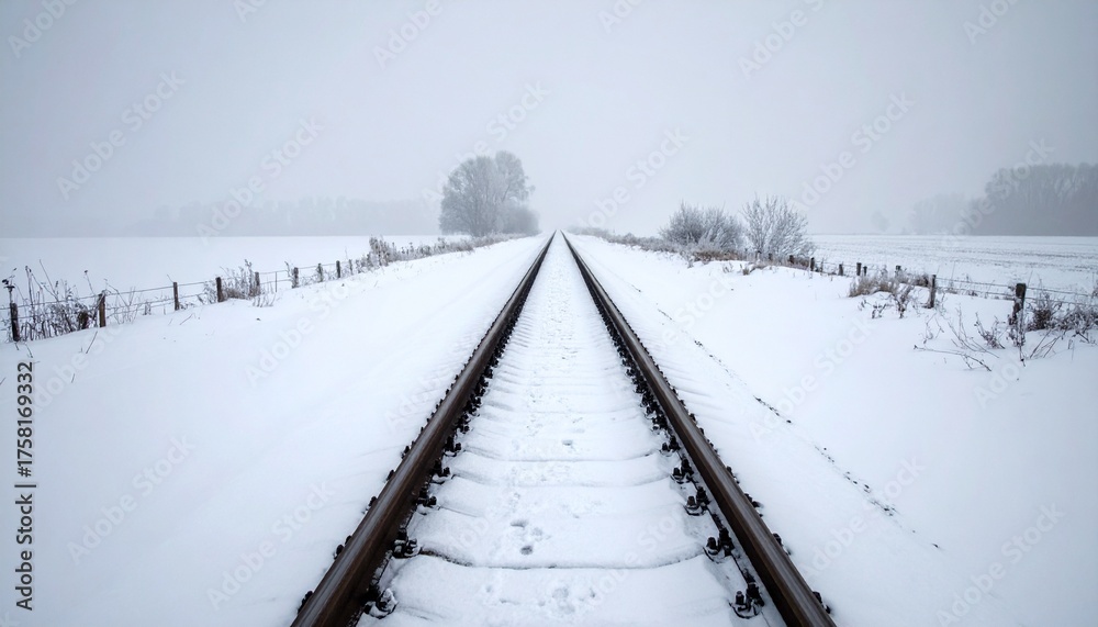 Fototapeta premium Winter Railroad Track Perspective Snow Covered Landscape Leading Into Distance.