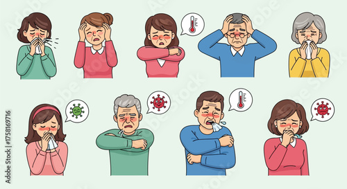 Diverse demographics experiencing flu symptoms and viral infections with cartoon elements