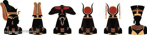Egyptian gods, goddess busts, ancient royalty, mythology art, stylized headdress, black and white, cultural heritage, symbolic attire, historical icon, sacred design
