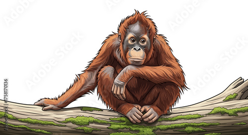 Cartoon Orangutan Sitting on Mossy Branch with Detailed Fur Texture.