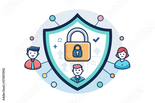 Digital Security Shield with Connected People Icons Keywords: security, shield, lock, padlock, data protection, privacy, network, connection