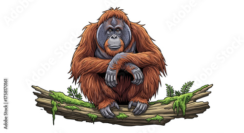 Cartoon Orangutan Sitting on Mossy Log Detailed Fur Texture.