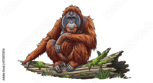 Cartoon Orangutan Sitting on Mossy Log with Furry Texture.