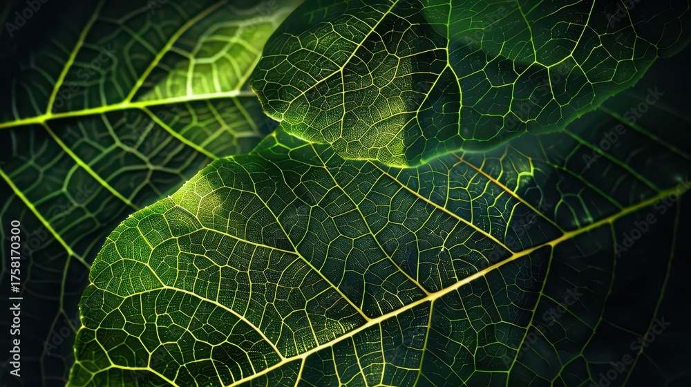 Obraz premium Close-up of lush green leaves with intricate vein patterns