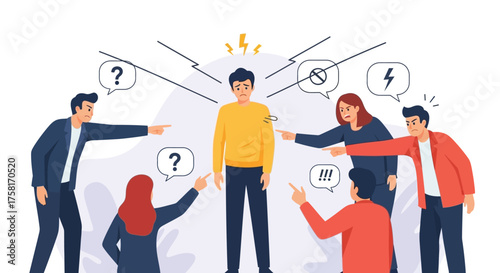 Illustration showcasing a stressed man accused and blamed by many people