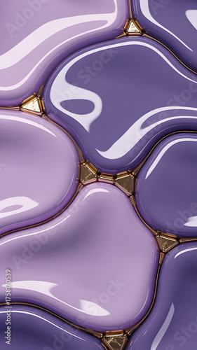 Abstract Purple Fluid Background with Golden Geometric Connectors. Glossy Lavender Waves and Organic Shapes for Luxury and Modern Design.