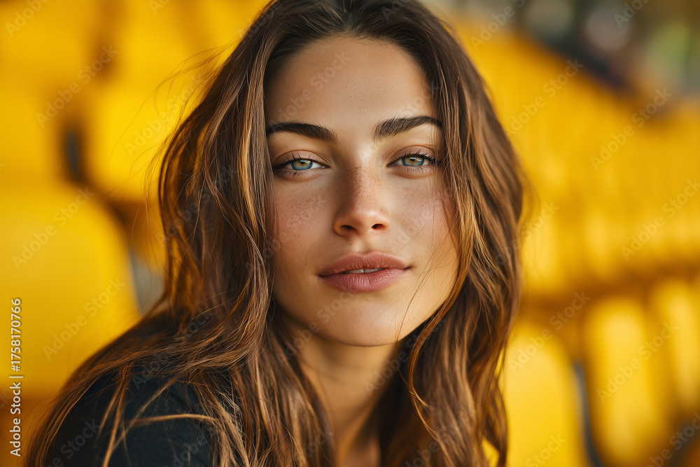 Obraz premium Close-up portrait of a young woman with freckles and loose chestnut hair, serene expression and blue-green eyes framed by blurred yellow stadium seats
