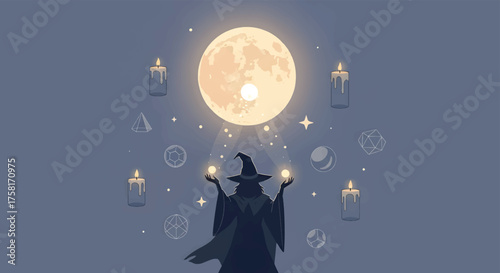 Witch Performing Magic Ritual Under the Moonlight Vector Illustration