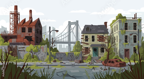 Depicts an Abandoned Industrial cityscape in a post-apocalyptic scene