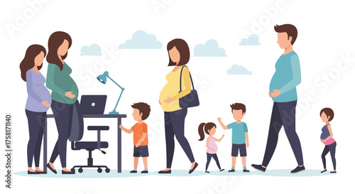 Modern family concept with expectant parents and their children illustration