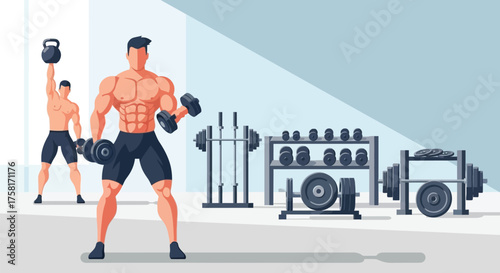 Muscle bound men exercising in a contemporary and stylized gymnasium