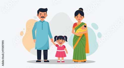 Joyful indian family portrait with parents and children illustration
