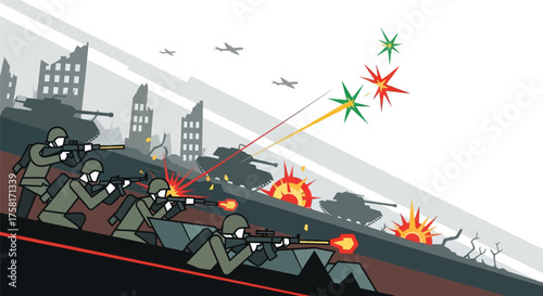 Stylized Battlefield Scene Depicting Soldiers and Tanks in Combat Zone