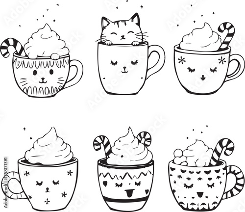 Christmas mug vector set with whipped cream, candy canes, cat faces, and festive patterns for cozy holiday design and decor
